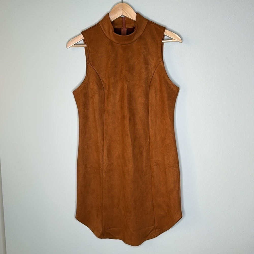 Lanston Mock Neck Microfiber Suede Sheath Dress in Camel Size Medium NWT
